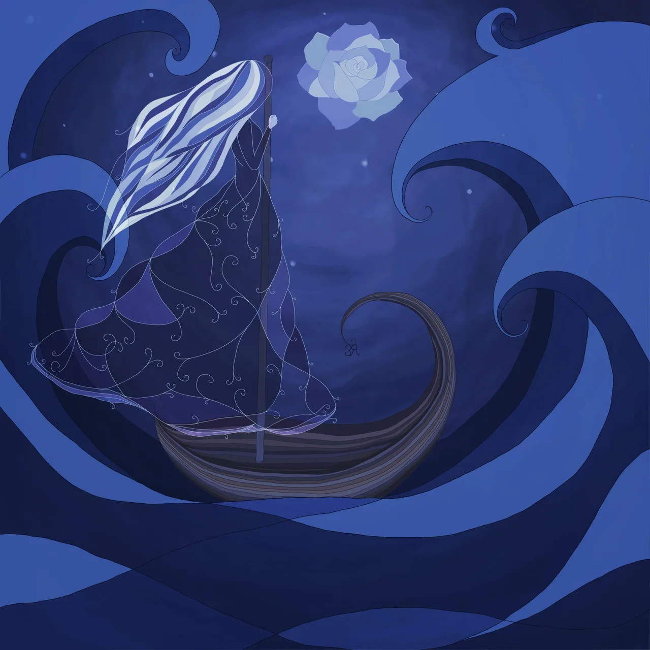 Cover art for "Sailing". A woman drifts aboard a wooden boat under the blue light of the flower moon.